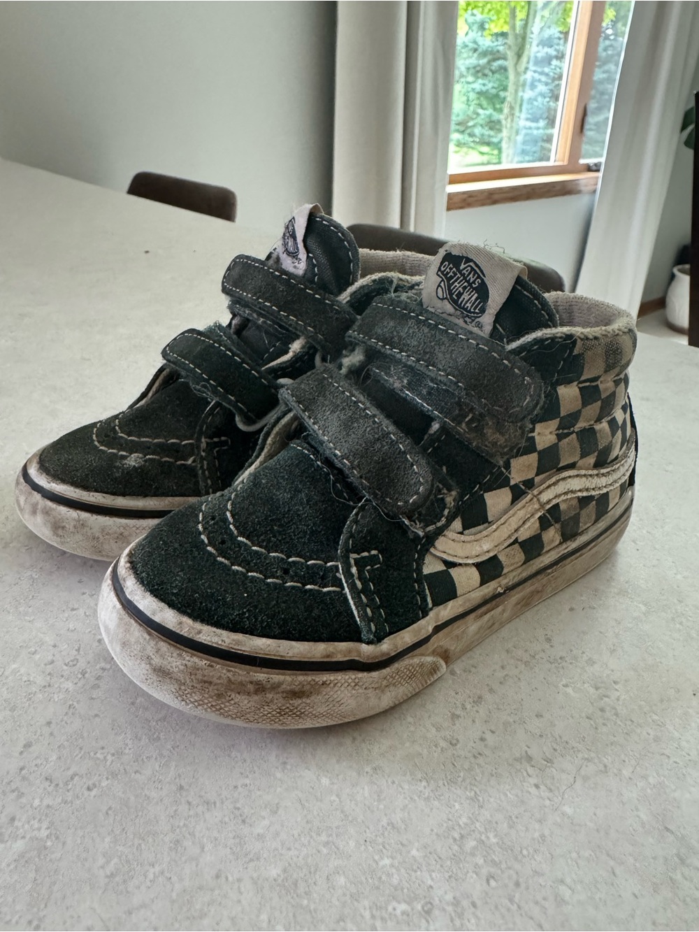 Vans Kids Green and White Checkerboard High-Top Sneakers
